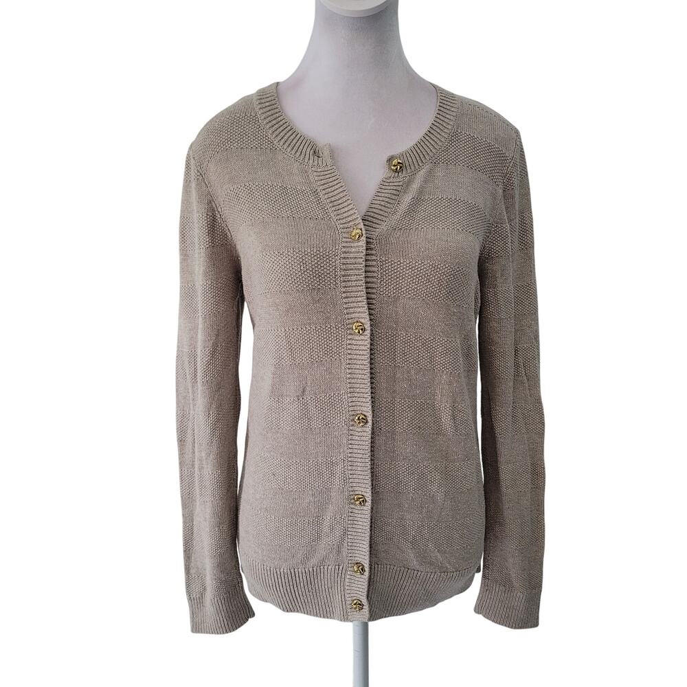 Banana Republic Size M Beige Textured Knit Gold Button Up Sweater Business